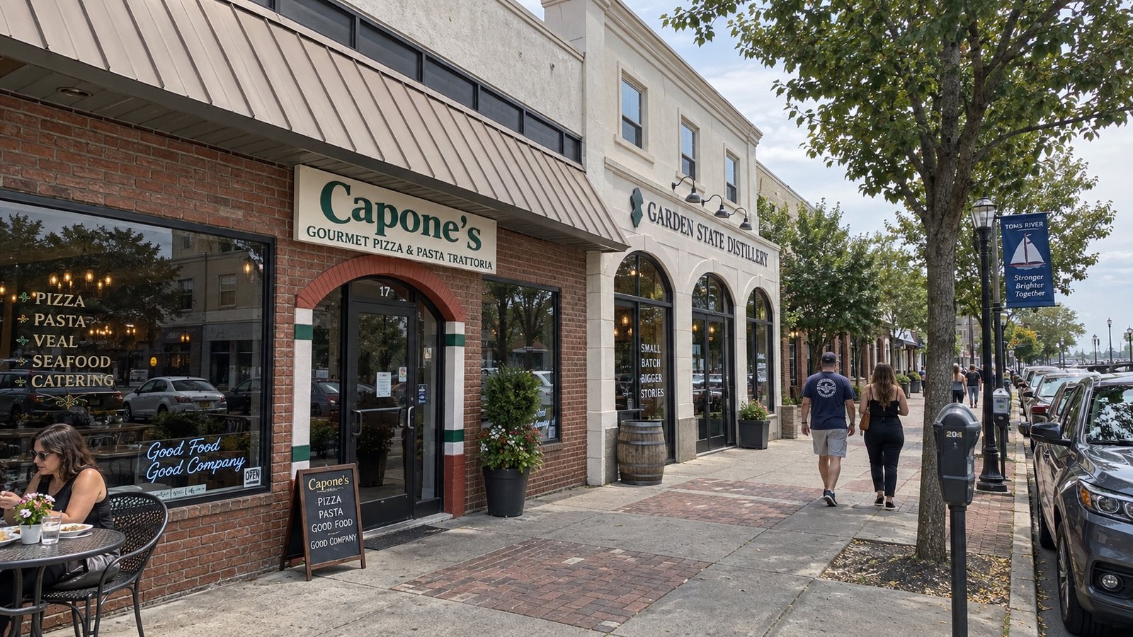 A small main-street storefront row with a few pedestrians and parked cars.