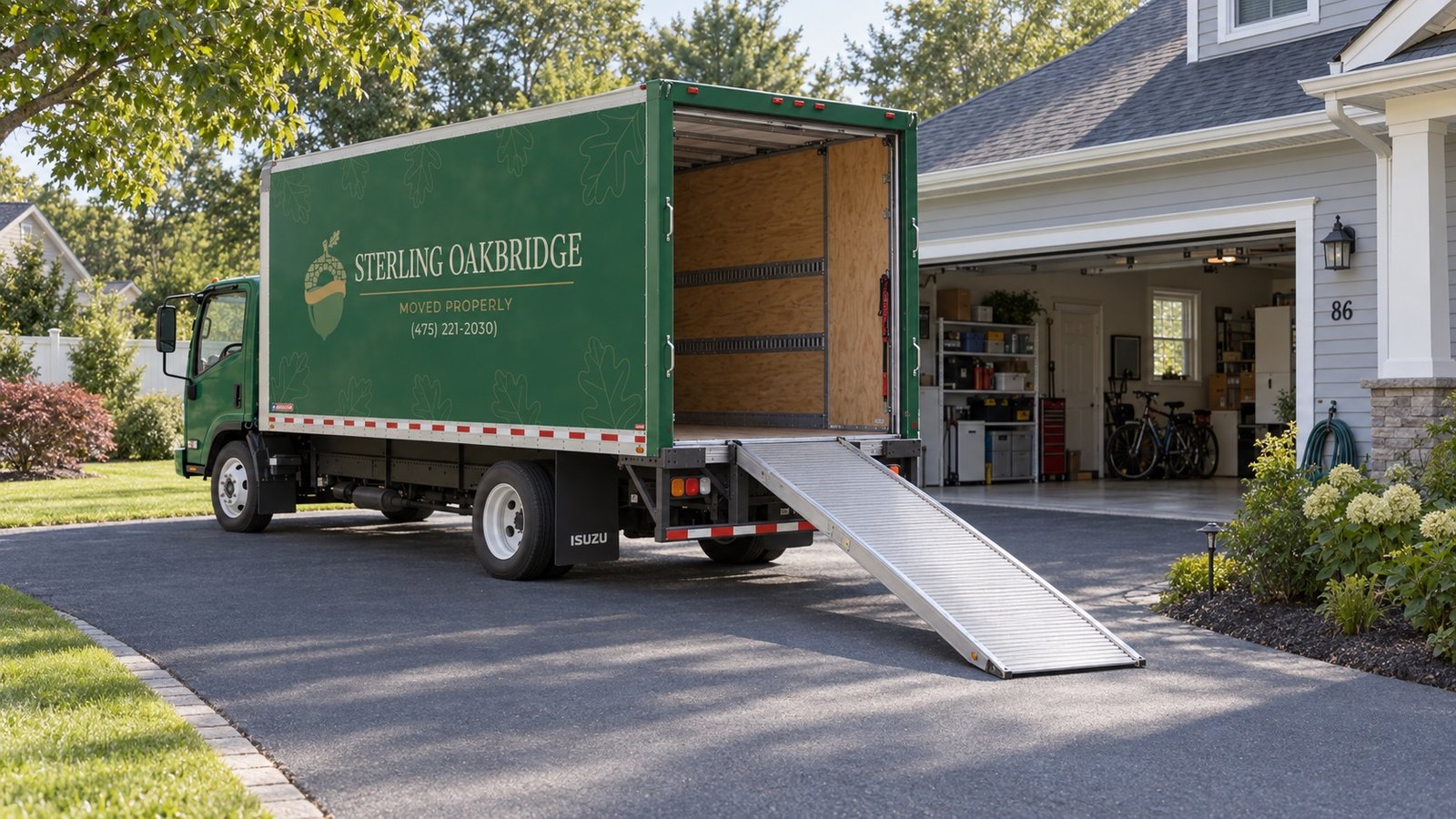 A dark green moving truck parked in a residential driveway with its ramp resting on the pavement.