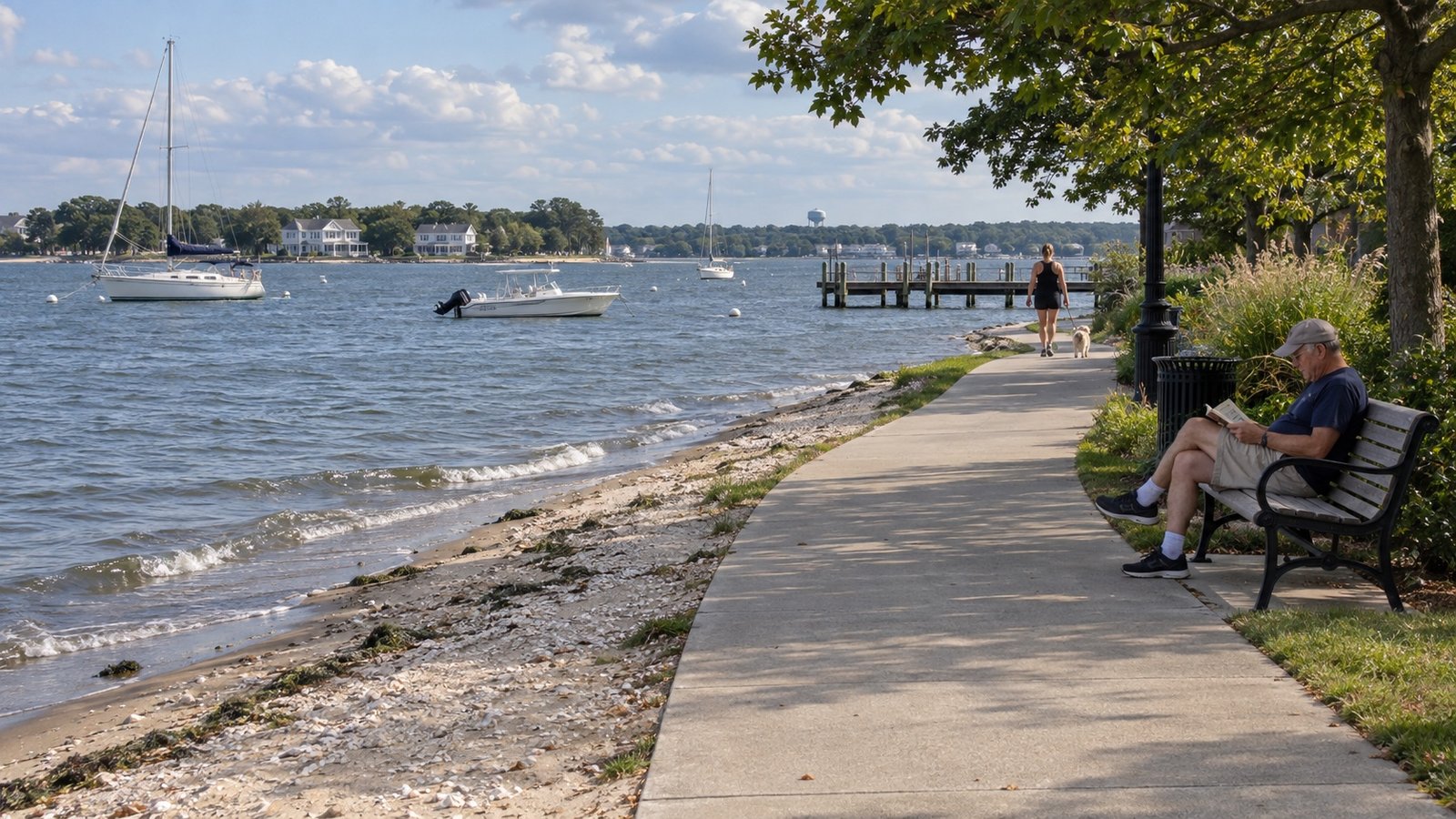 A bayfront promenade with benches, calm water and low buildings across the shore.
