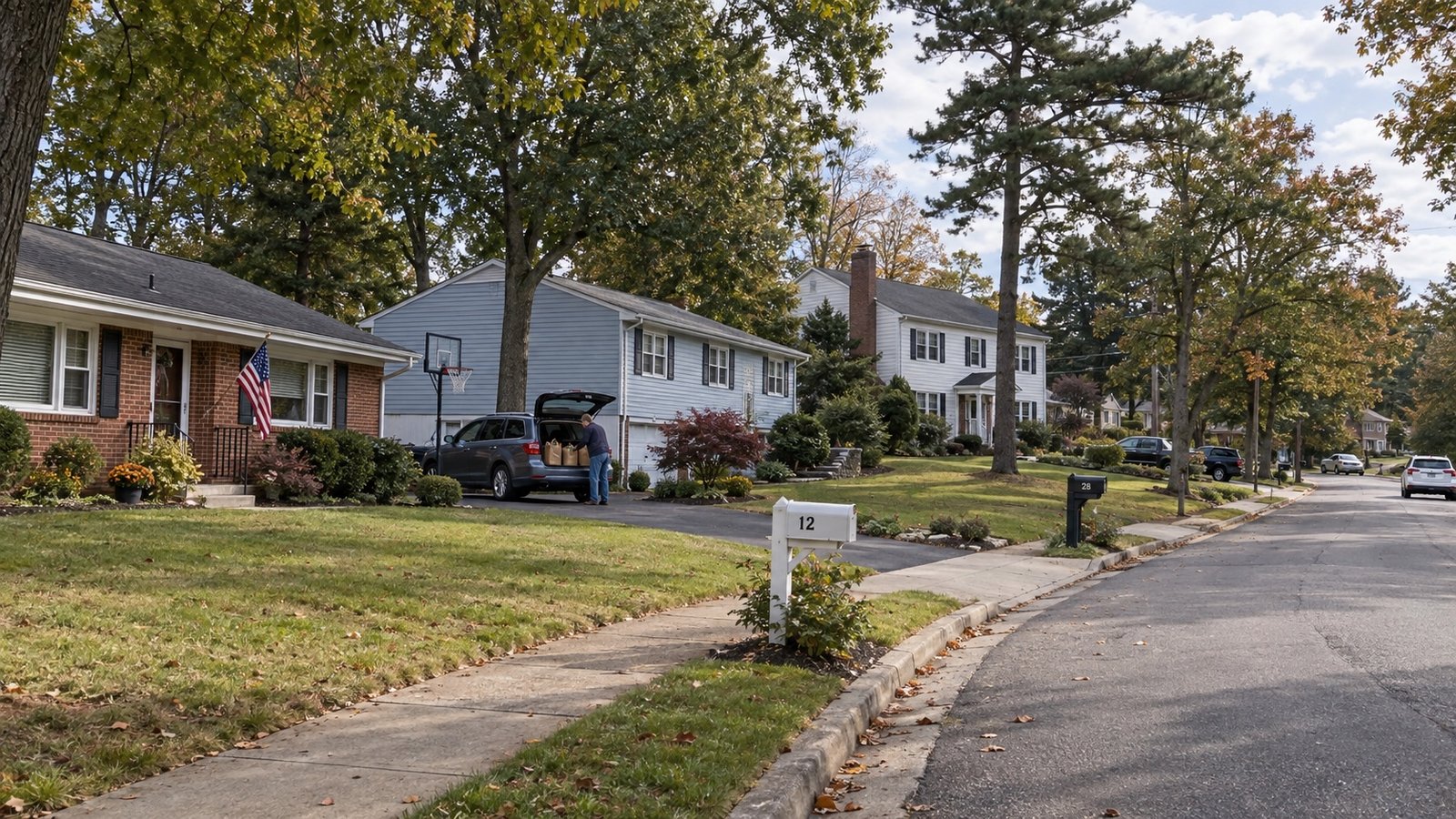 A suburban street of single-family ranch and colonial houses with driveways and parked cars.
