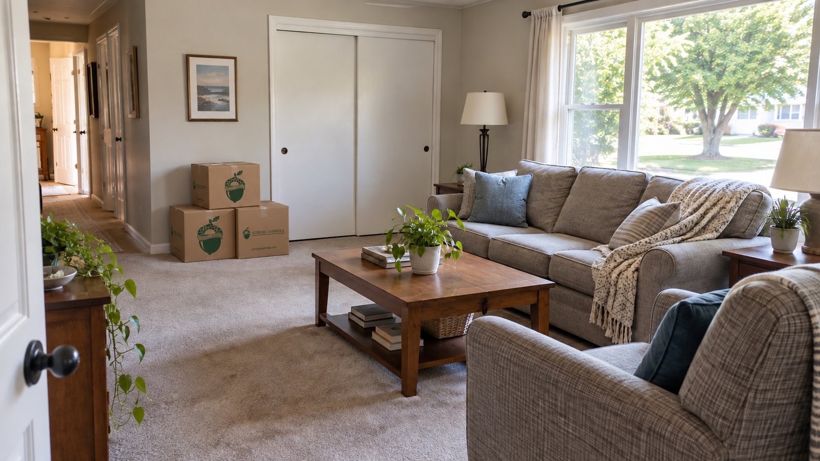 A furnished living room in a suburban house with sealed moving boxes stacked by the wall.
