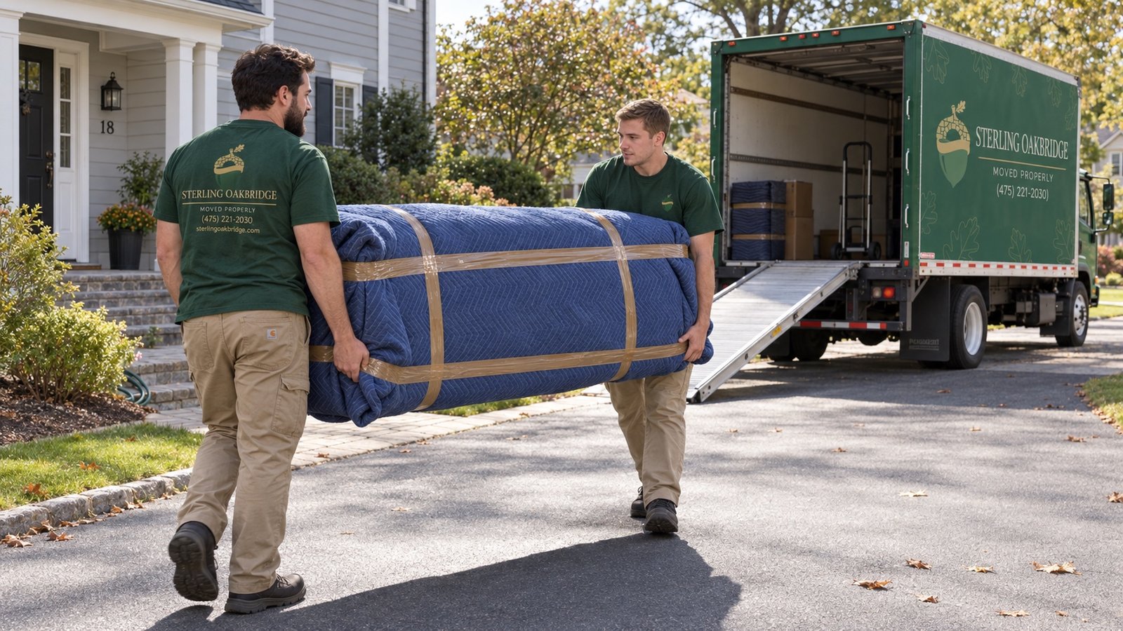 Two movers carrying a blanket-wrapped sofa across a residential driveway toward a truck.