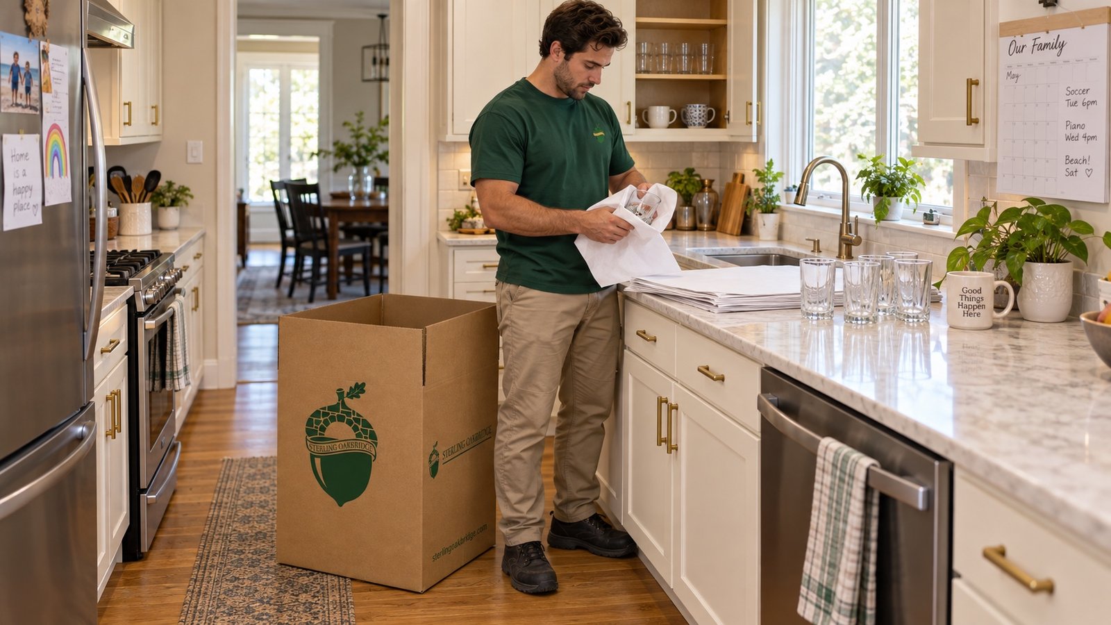 A Sterling Oakbridge mover wrapping a glass in a modern kitchen beside a branded China carton.