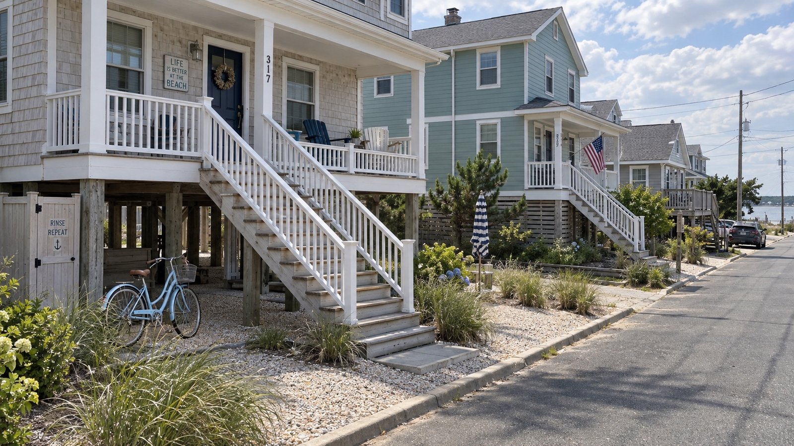 A barrier-island street of raised beach houses under a bright summer sky.