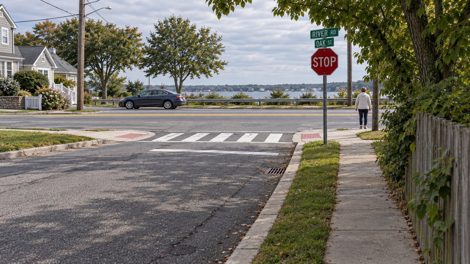 A suburban T-junction beside the water with a stop sign, pedestrian crossing and passing car.