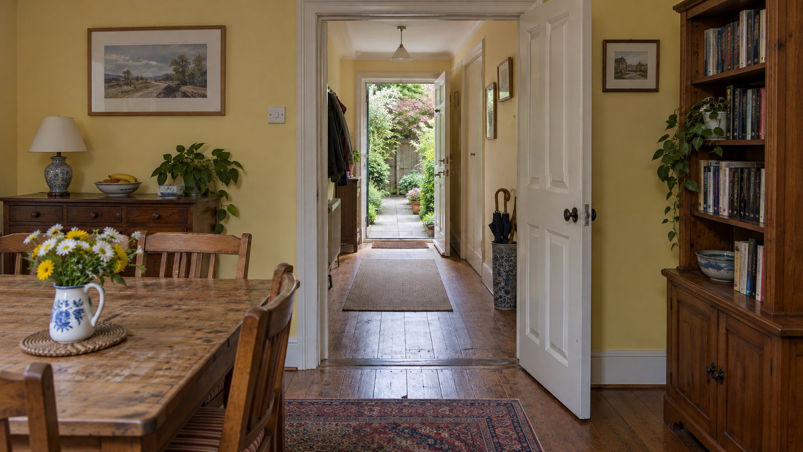 Follow the rear-entry route An open rear exterior door beyond a pale-yellow back hall, with a paved garden path visible outside.