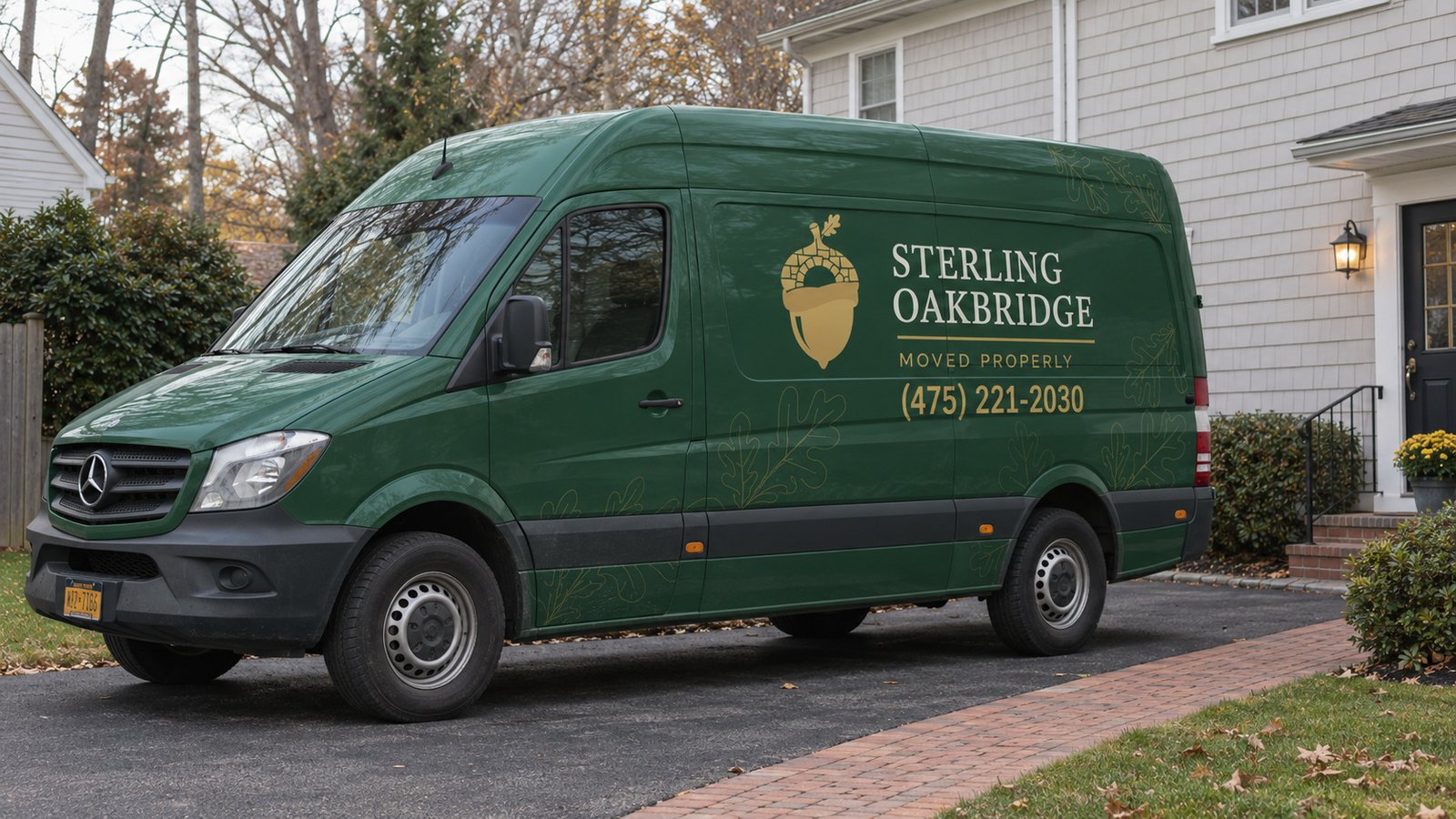 Plan the vehicle position A complete green Sterling Oakbridge Mercedes Sprinter van on a paved private pad beside a home.