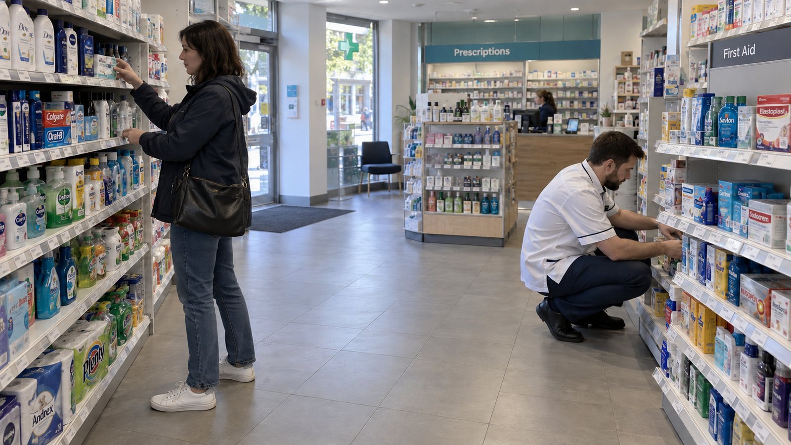 Establish a useful daily routine A woman browsing pharmacy shelves while a male shop worker restocks a separate low shelf.