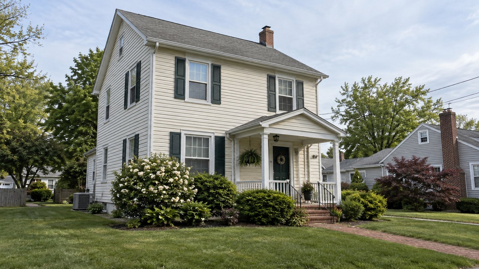 Review the receiving property A complete cream two-story home with dark-green shutters, a small front porch, lawn and brick walk.