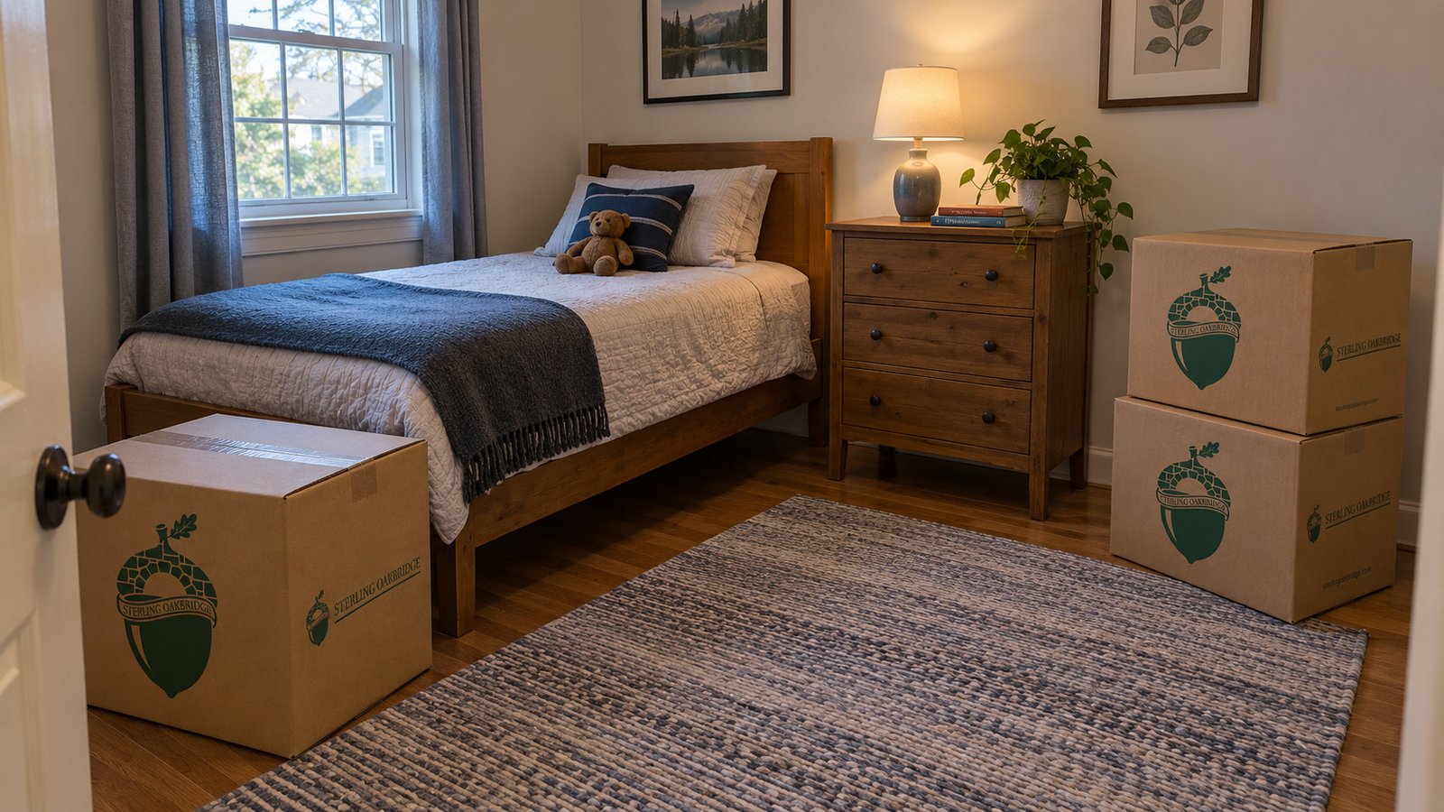 Leave room for household circulation A single bed and small wood dresser beside two closed Book cartons and one larger linen carton.