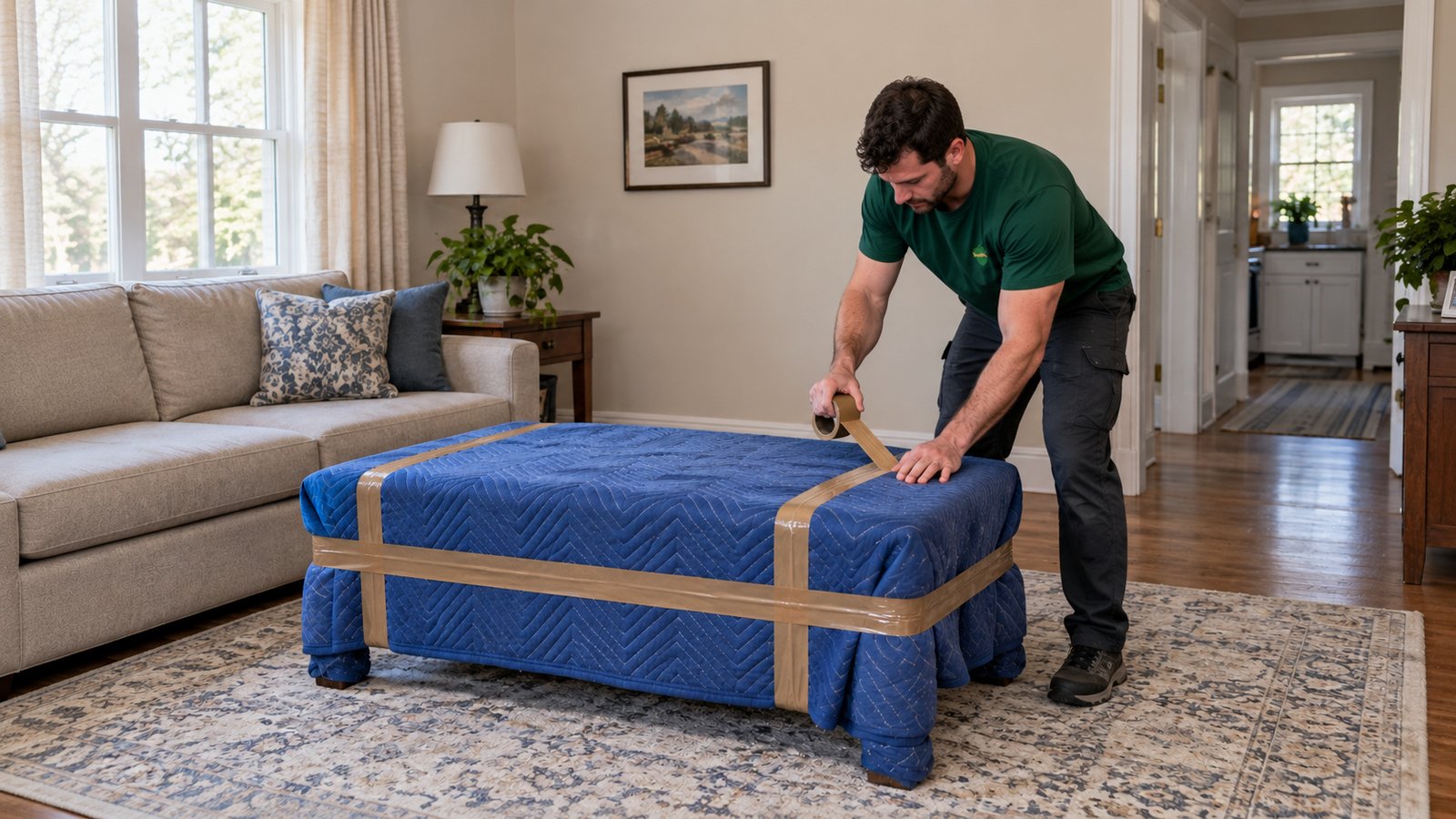 Protect furniture before pickup A male mover securing blue quilted blankets around a low coffee table with brown packing tape.
