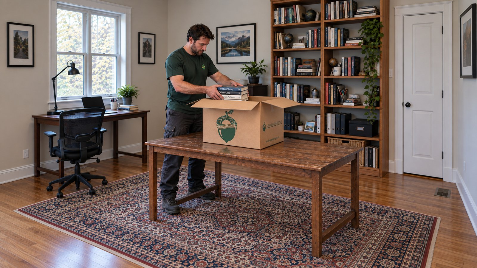 Pack dense contents in a suitable carton A male packing employee placing a stack of books into an open kraft Book carton on a wood table.