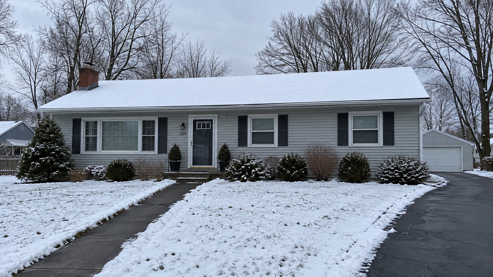 Review the winter approach A complete pale-gray ranch home with snow on the lawn and cleared front walk and driveway.