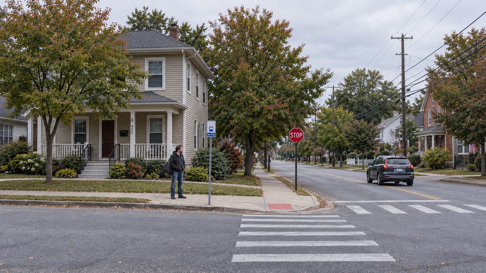 Check the actual daily journey A man waiting beside a bus-stop pole at a flat street corner, with a crossing and curb ramp.