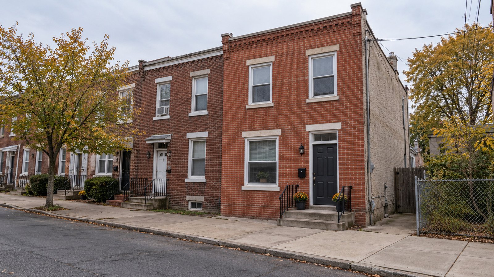 A complete two-story brick row house with a dark front door, two shallow masonry steps, side rails and a continuous public sidewalk.