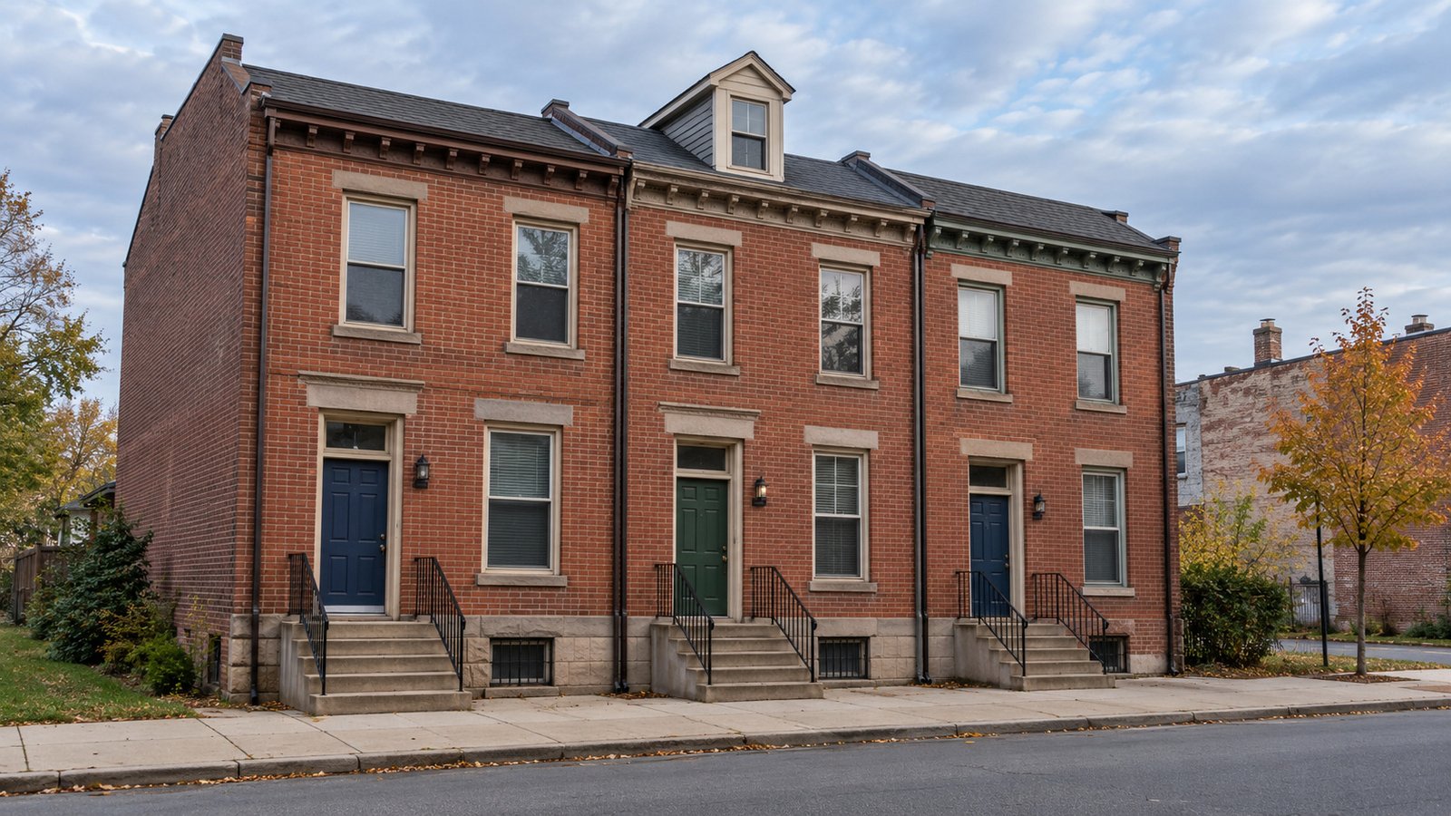 A whole group of three maintained attached brick homes with separate raised stoops, full rooflines and a continuous public sidewalk.