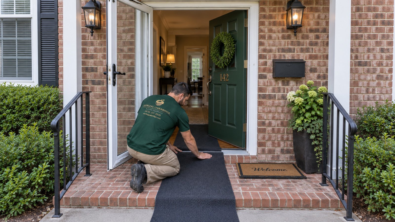 Prepare the carrying route A male mover smoothing a dark protective runner across an open townhouse entrance on a brick stoop.
