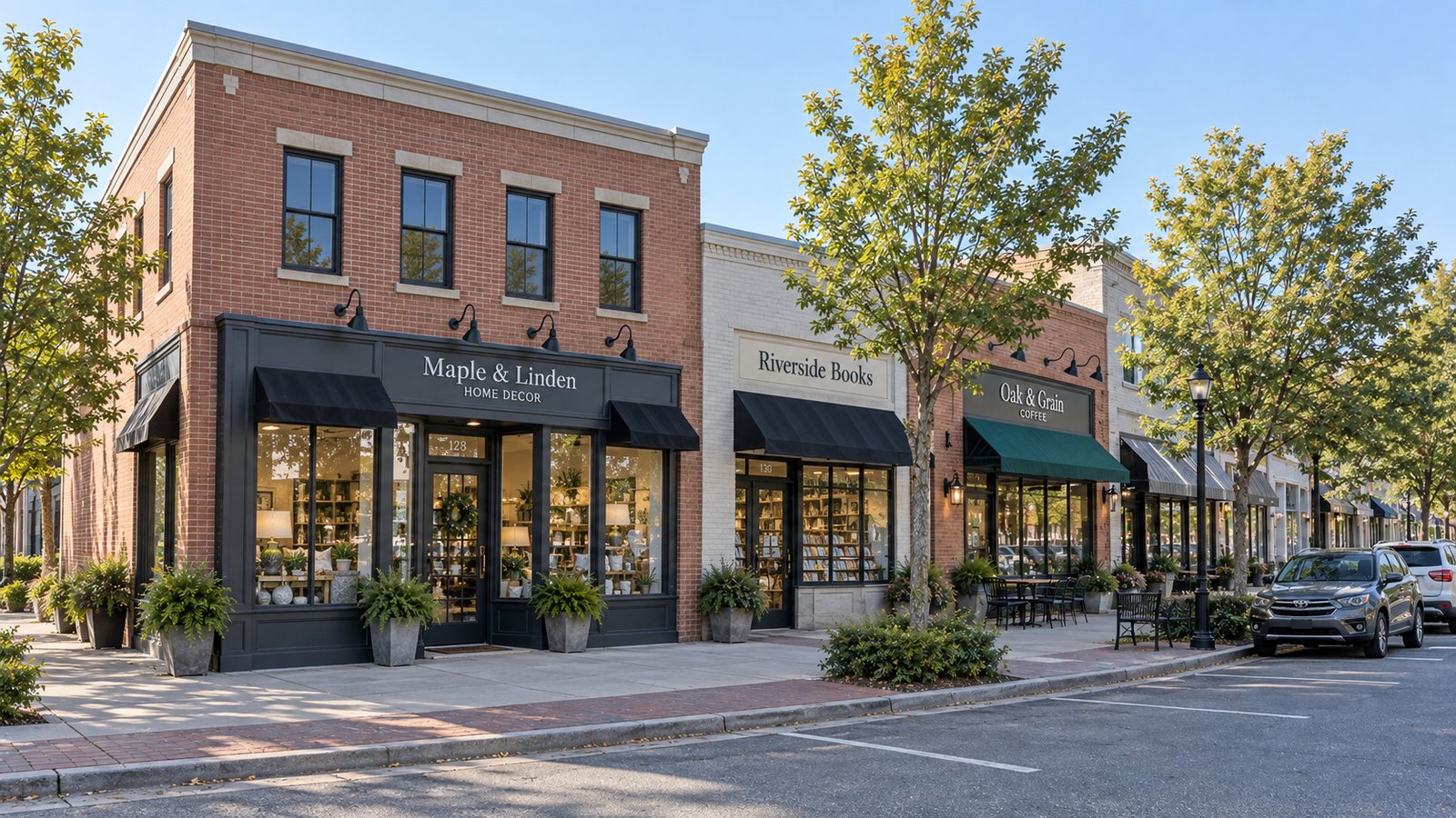 A row of brick storefronts with useful shop-name signs, entrances and a continuous sidewalk.