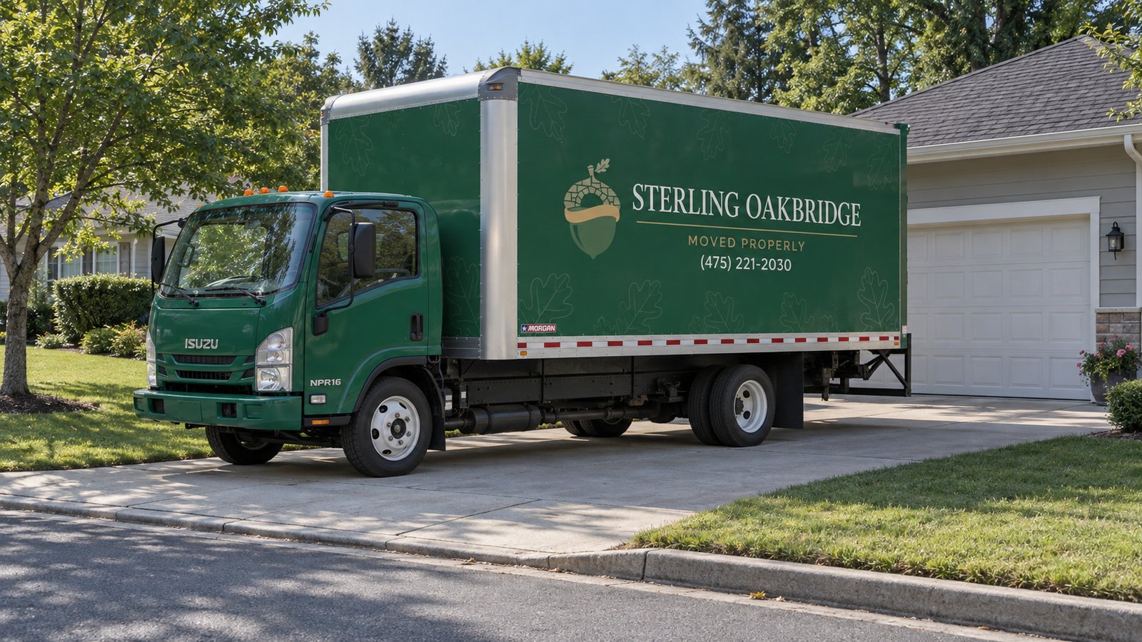 Survey the vehicle position A complete green Sterling Oakbridge Isuzu NPR moving truck standing entirely on a concrete driveway.