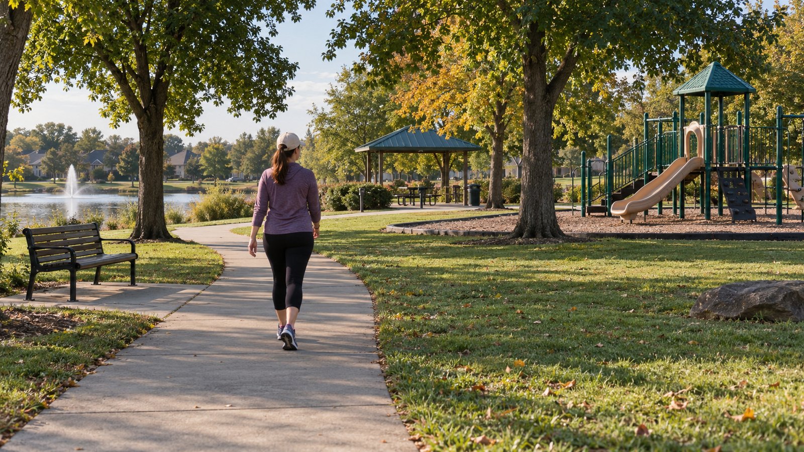 A woman walking on a park path beside trees, a playground, pavilion and pond.