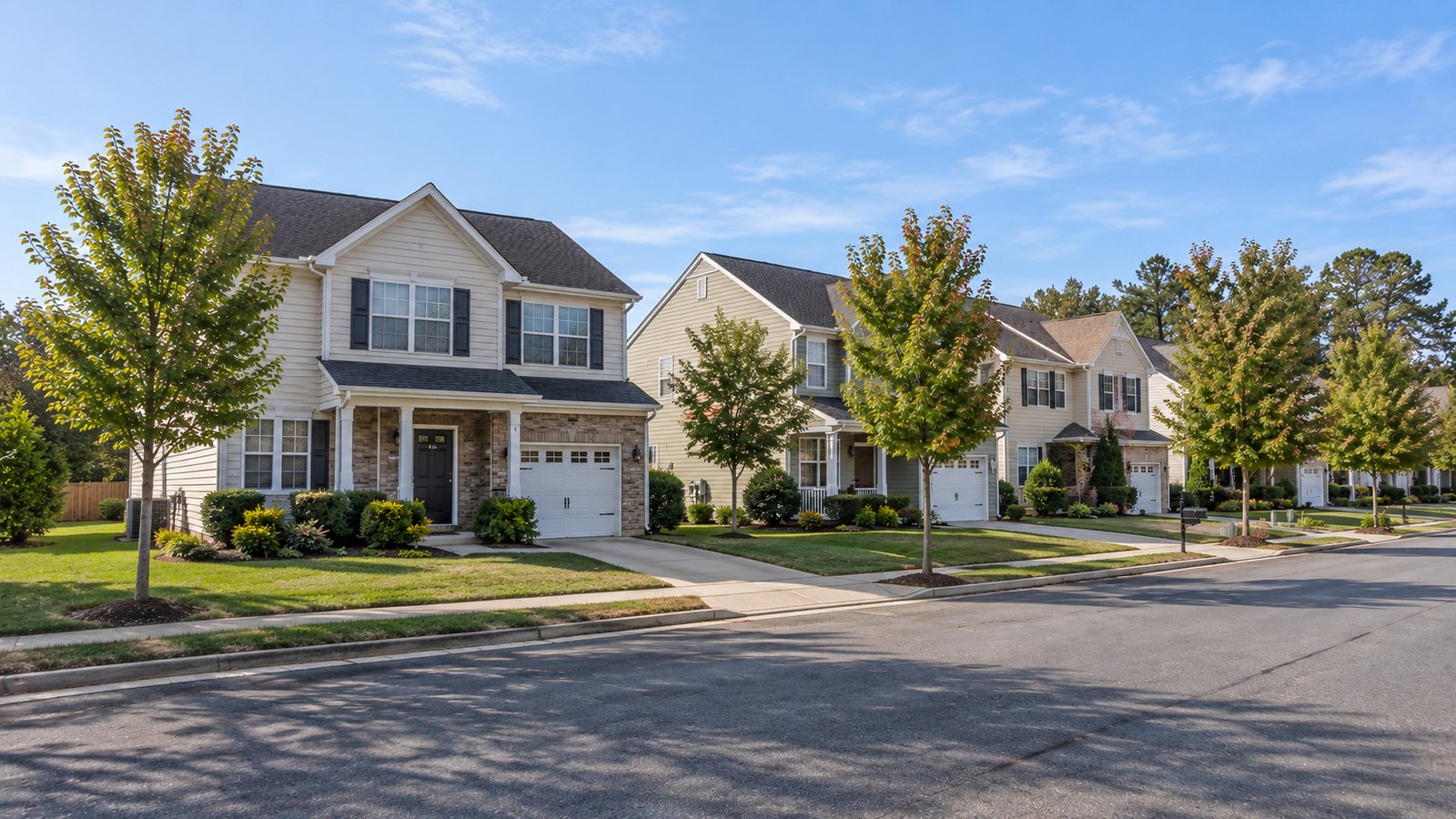 Review the home and approach A complete light-sided home and neighboring houses along a quiet suburban street with driveways and trees.