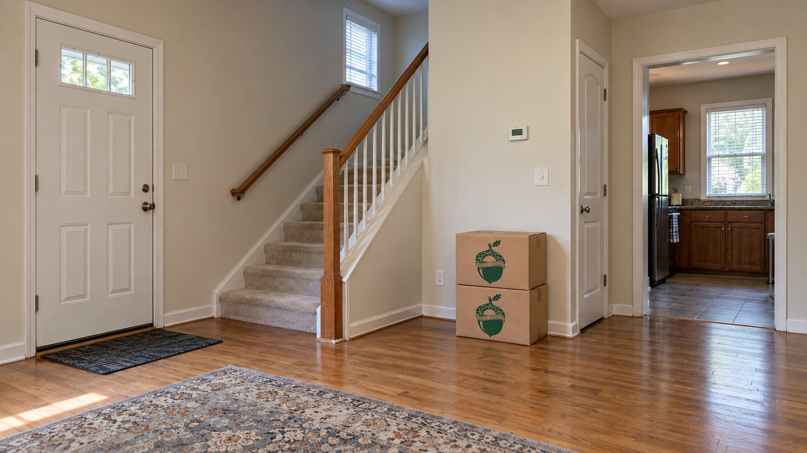A townhouse entry with a closed front door, stairs and two closed kraft Book cartons stacked beside the wall.
