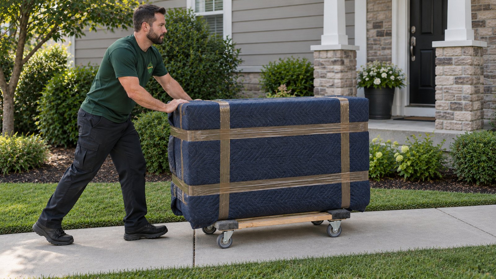 Check the carrying route A male mover pushing a blanket-protected dresser on a compact wooden dolly along a level path in front of a porch.