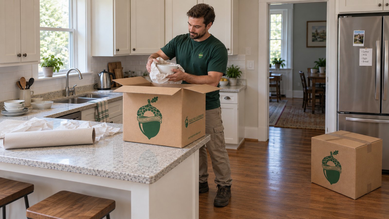 Protect household items A male employee wrapping a white bowl in paper above an open kraft Medium carton on a kitchen counter.
