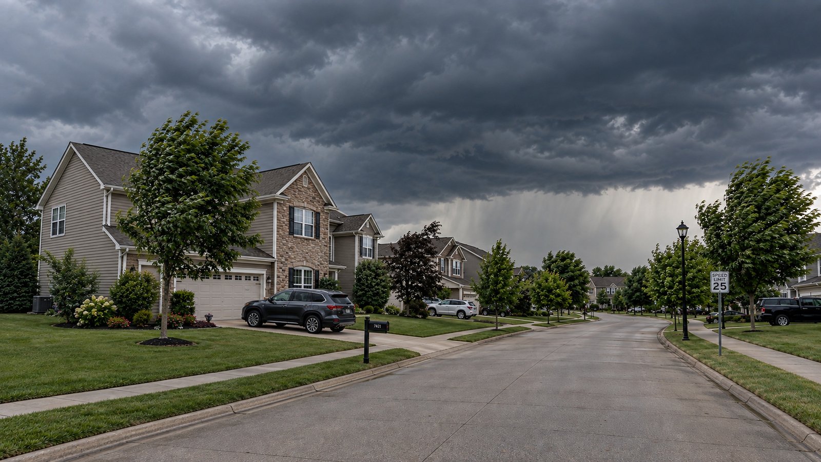 A complete suburban house and driveway beneath approaching storm clouds along a curved residential street.