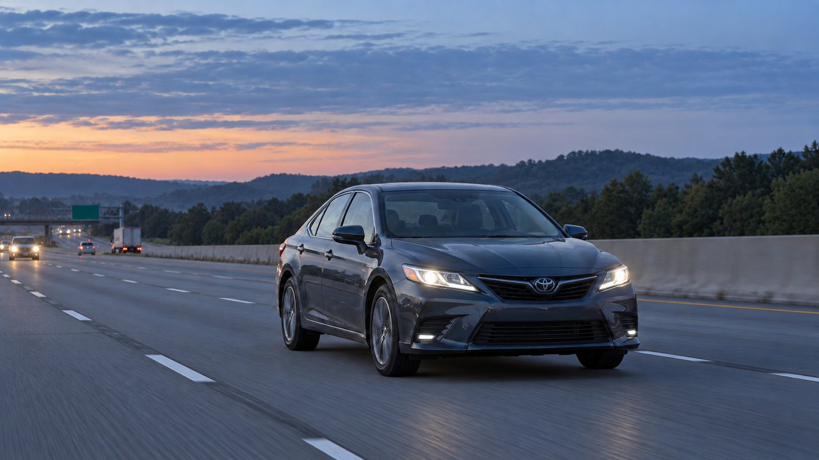 A complete car traveling within a divided interstate lane at dawn with wooded hills in the distance.