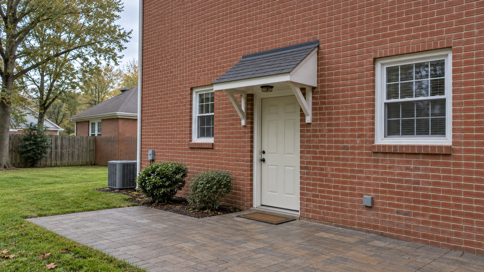 A level rear entrance Closed pale rear door under a small bracket-supported canopy at a brick house with a level paved approach