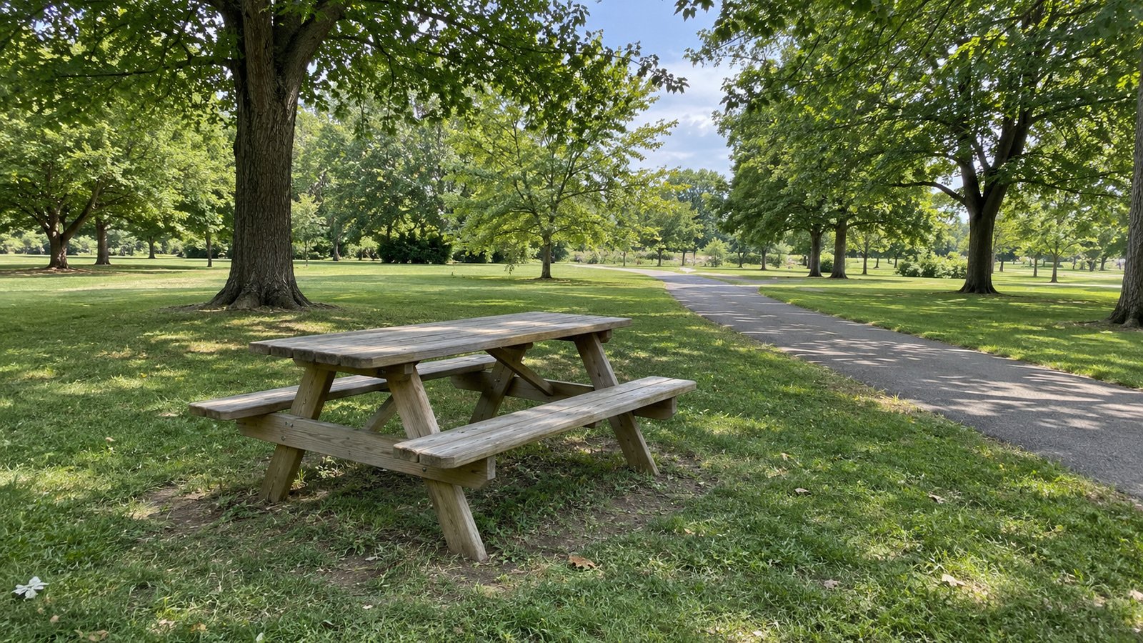 An outdoor break after arrival Wooden picnic table with attached benches beside a paved park path under mature trees