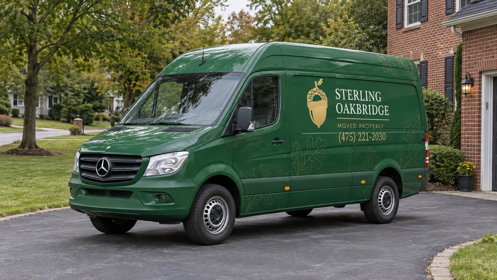 Space for the selected vehicle Green Sterling Oakbridge Mercedes Sprinter van parked on a private paved driveway beside a brick house