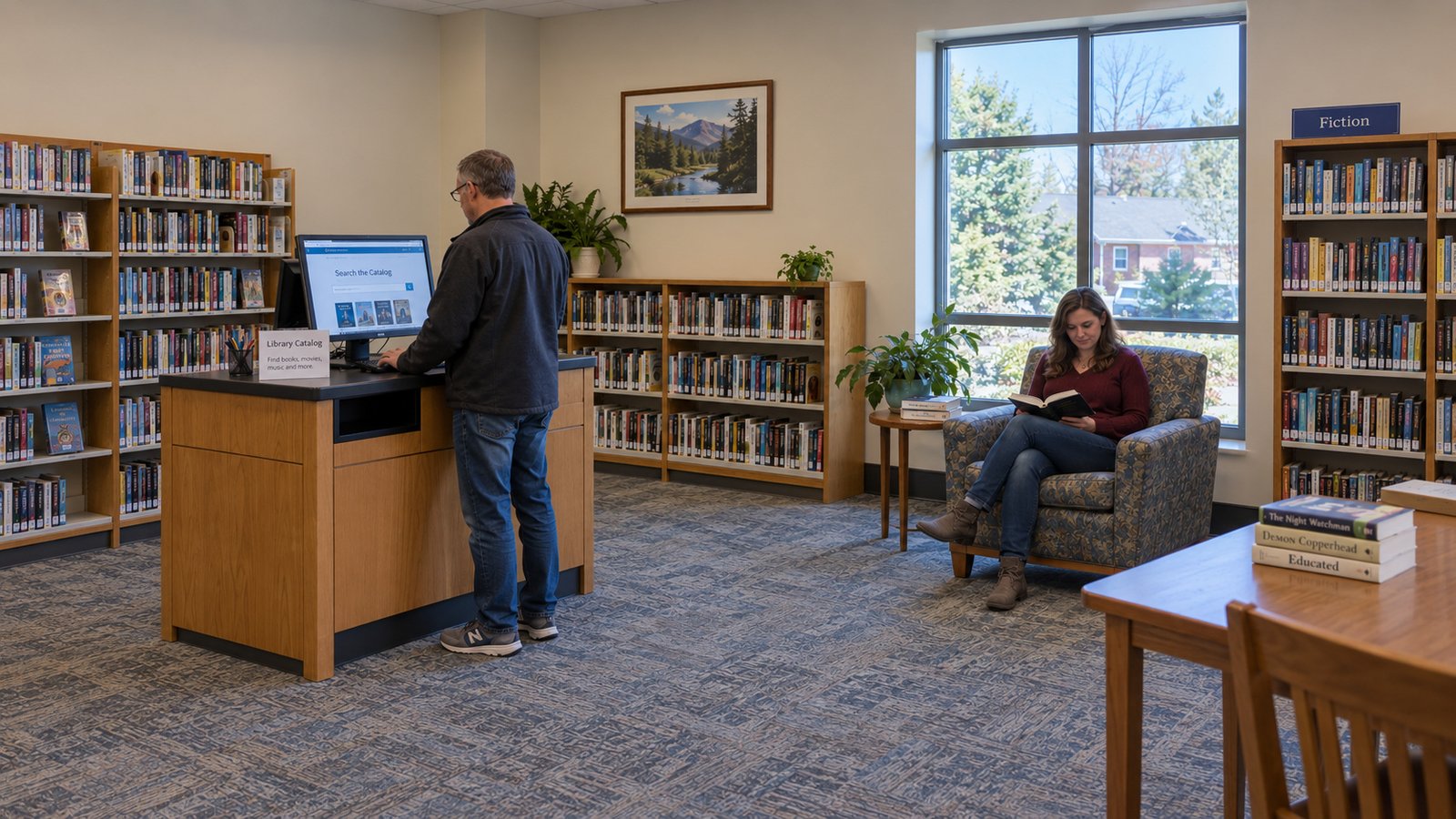 Different ways to use a library visit Man using a library catalogue computer while a seated woman reads a book beside bookshelves