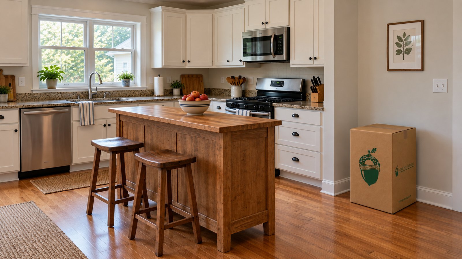 A kitchen ready for everyday use Wooden kitchen island and two stools with one closed Sterling Oakbridge China carton on the floor