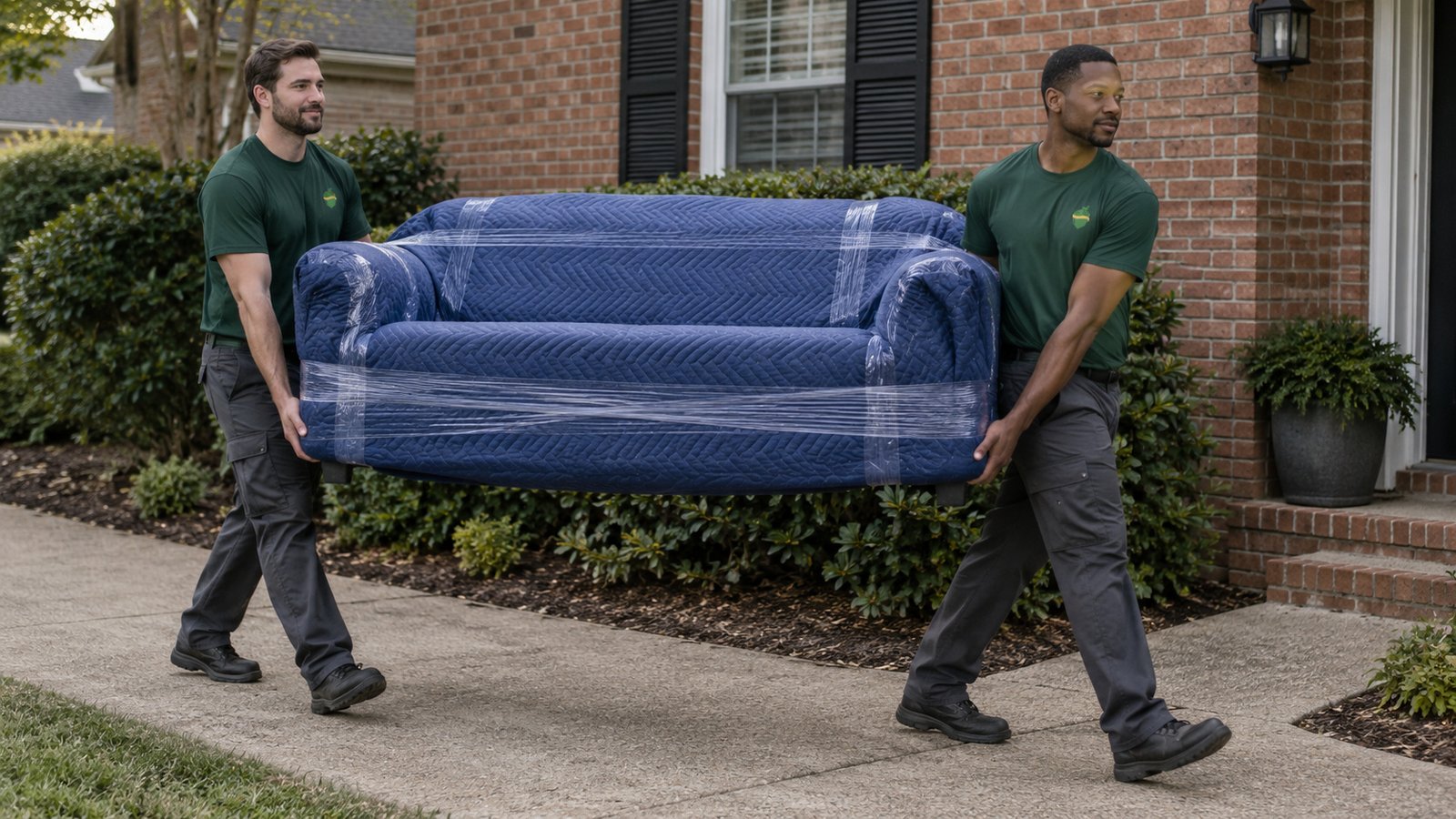 A shared carrying task on a clear route Two male movers in green work shirts carrying a fully blanket-wrapped compact sofa along a level paved path