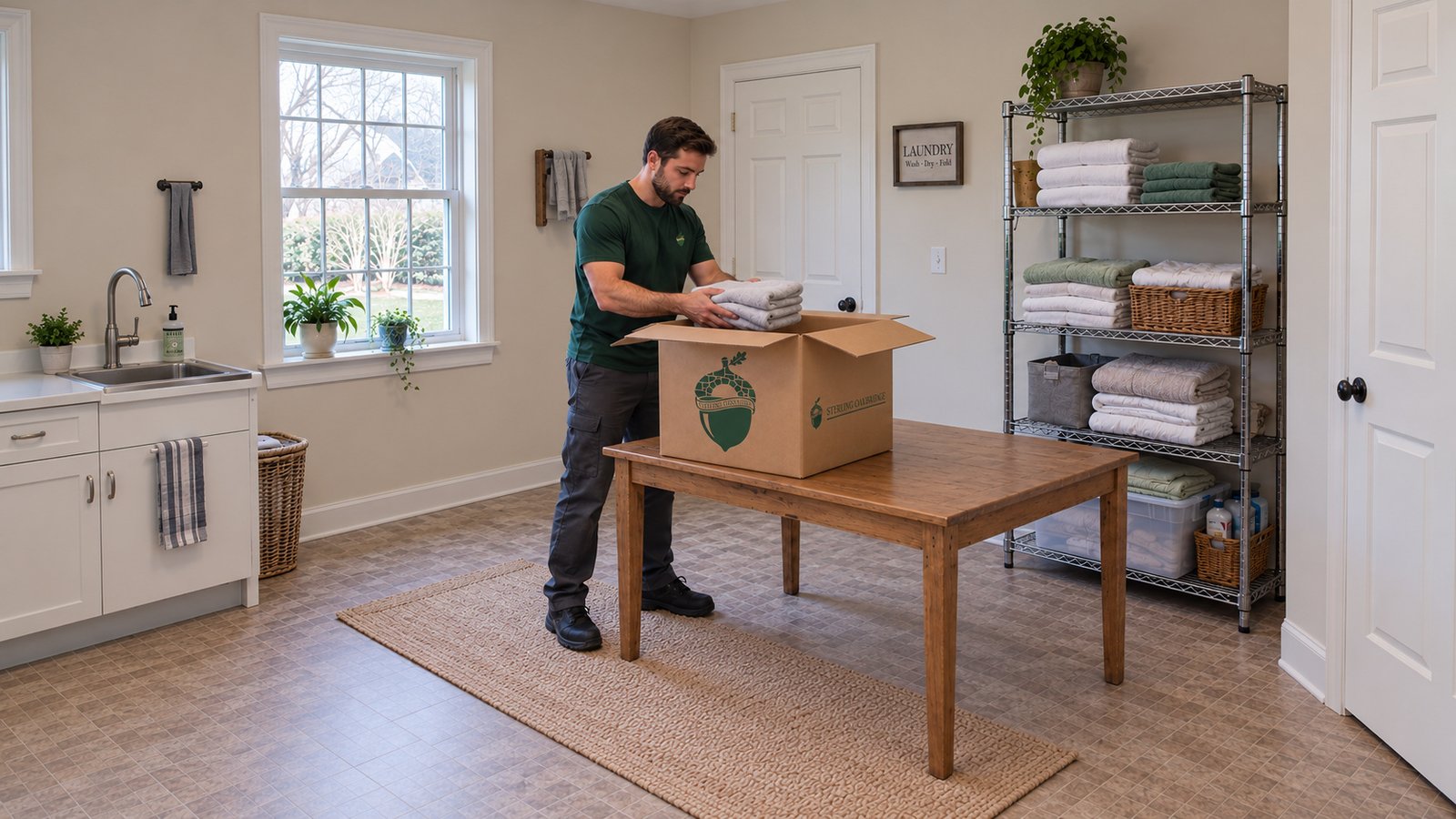 Linen packed for the receiving room Male mover in a green Sterling Oakbridge shirt placing folded towels in an open branded linen carton on a wooden table