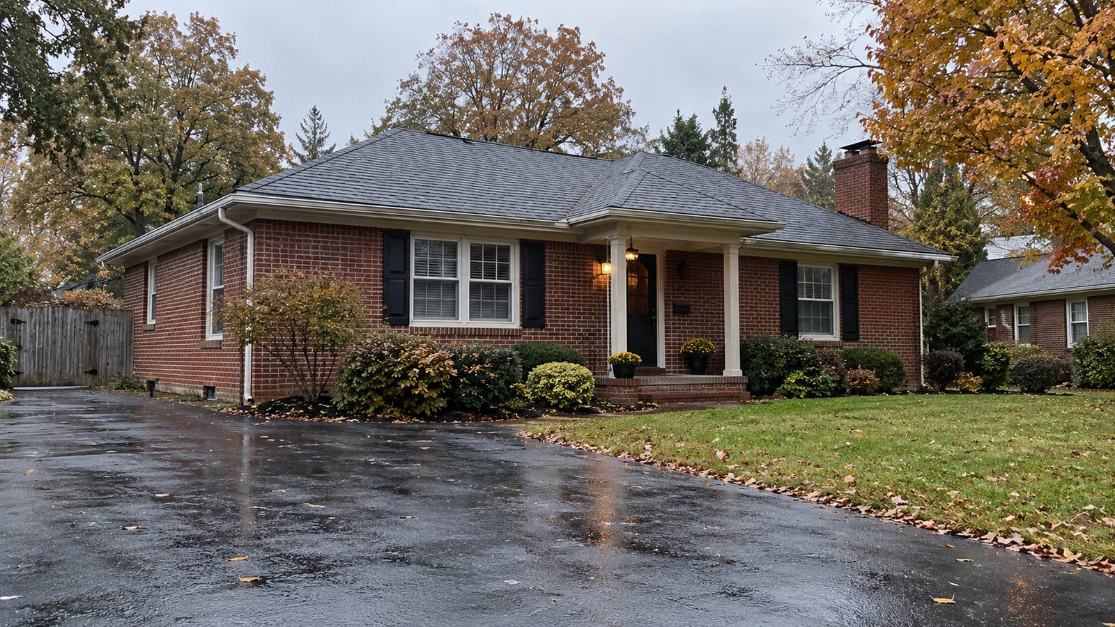 A clear approach after autumn rain Red-brick house with a complete hip roof, covered front entrance and damp clear paved approach beside autumn trees
