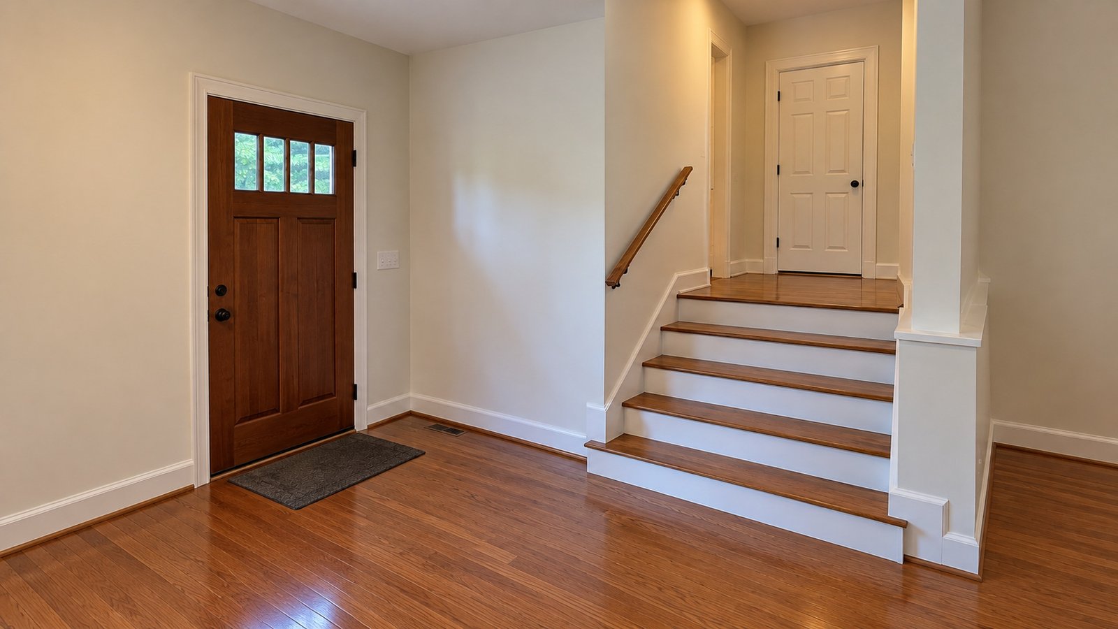 The whole short stair route A short interior staircase connects a lower foyer to an upper landing, with both doorframes visible.