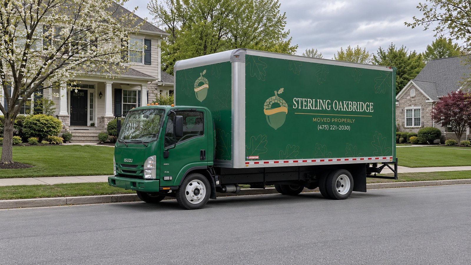 Vehicle and pedestrian space A closed green Sterling Oakbridge Isuzu moving truck stands beside a curb with a clear sidewalk behind it.
