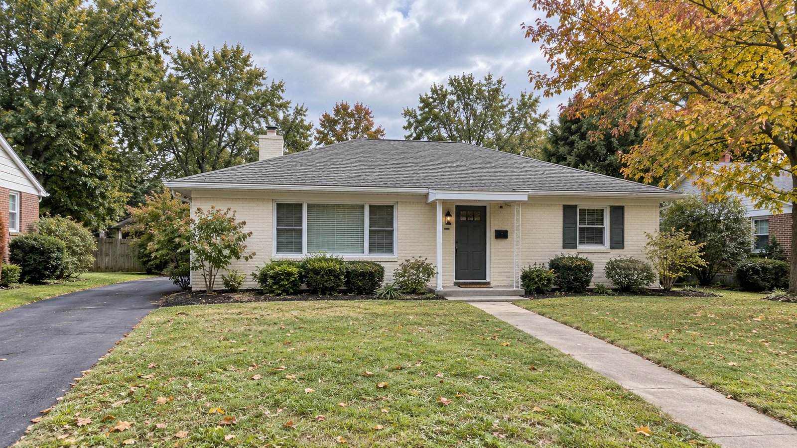 Representative cream-brick single-level detached house with a complete low roof,front steps,concrete approach and a separate private driveway.