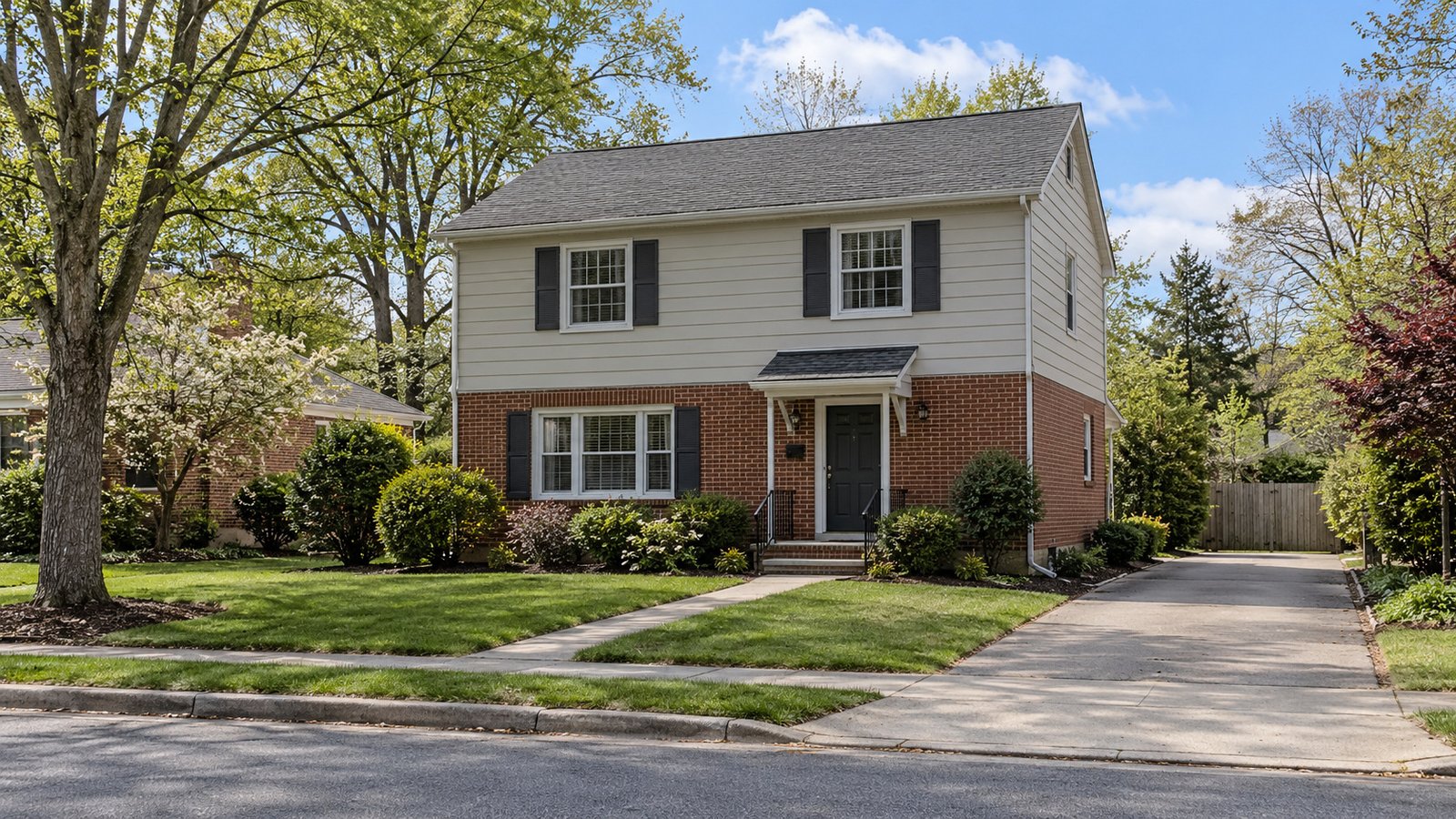 A complete household approach A two-storey brick-and-siding house has a front path, entry steps and a separate driveway.