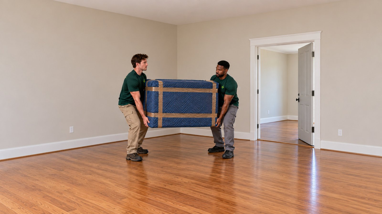 A protected supported carry Two movers carry one blanket-protected upright cabinet before a complete open interior doorway.
