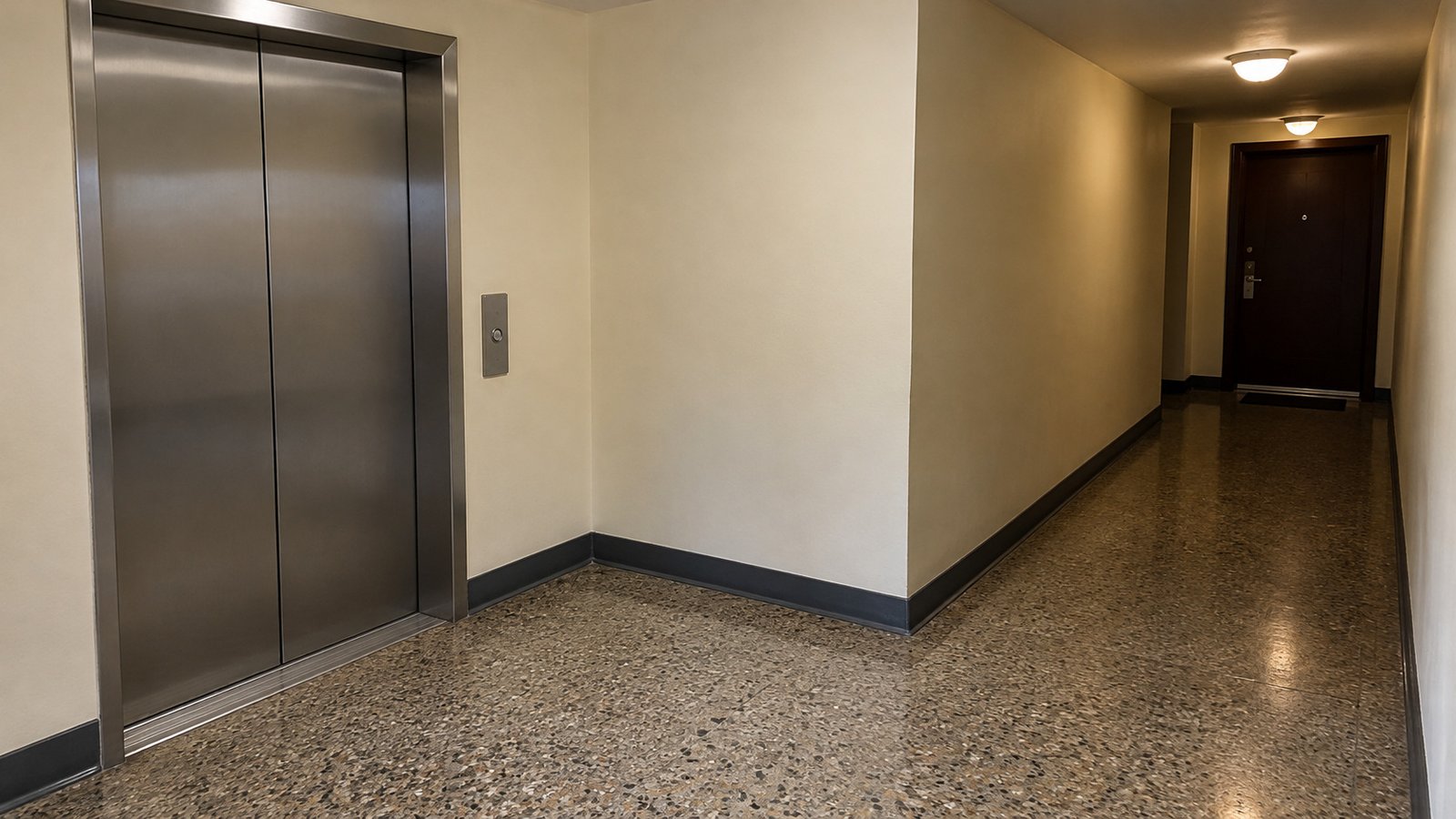 Review the turn after the elevator A closed two-panel elevator beside a level terrazzo landing and a corridor turning toward an apartment door.