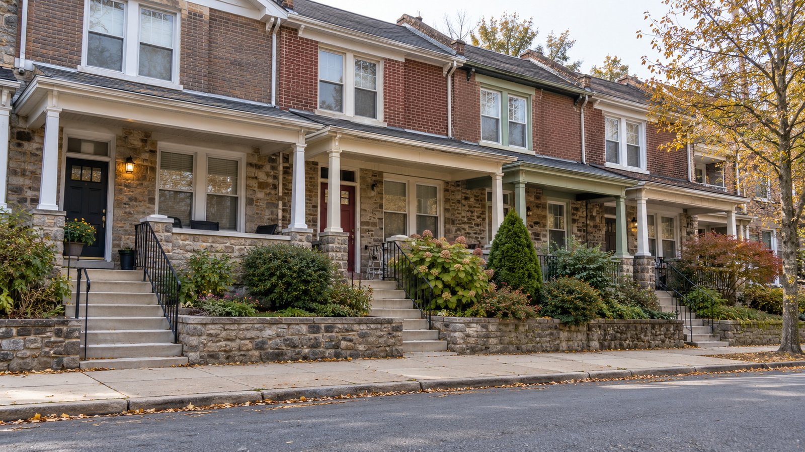 Connect the row home to its everyday street Attached masonry homes with separate covered porches, front steps and small gardens beside a continuous public sidewalk.