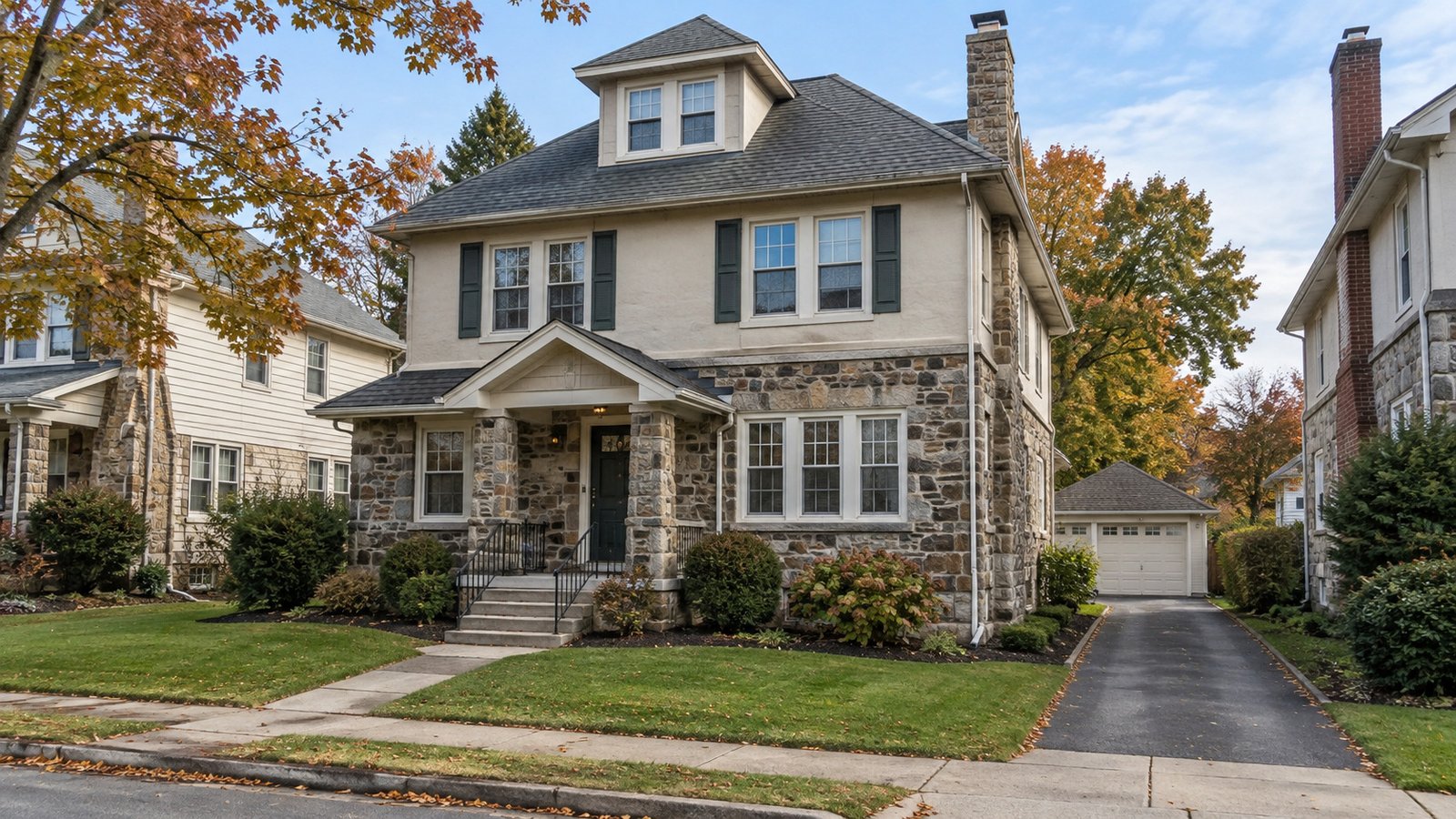 A detached stone-and-stucco house with a front walk, porch steps and a separate side driveway leading to a garage.