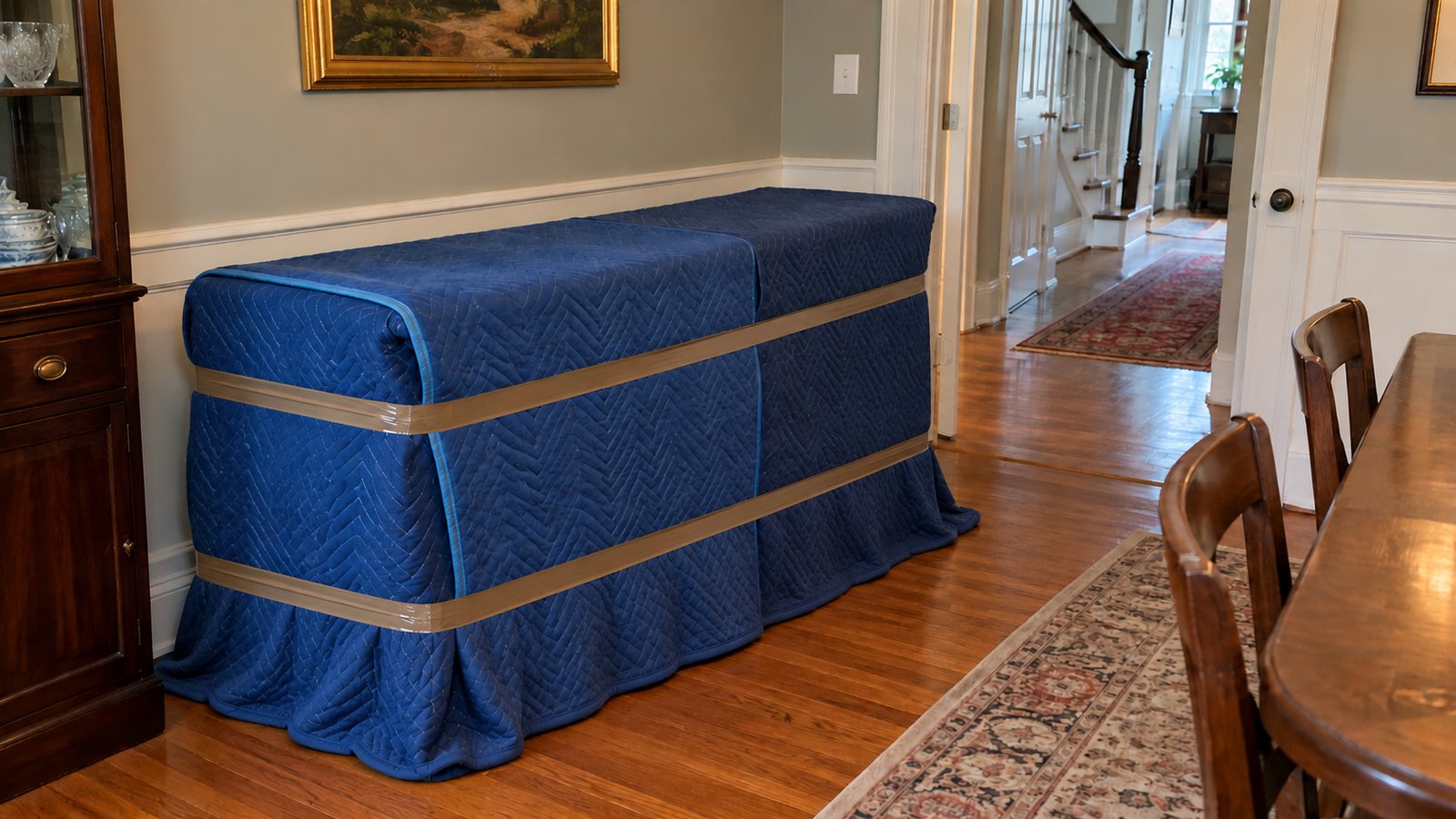 Protect the complete furniture base before carrying A long sideboard fully covered by overlapping blue moving blankets and ordinary tape, with loose cloth covering its base and feet.