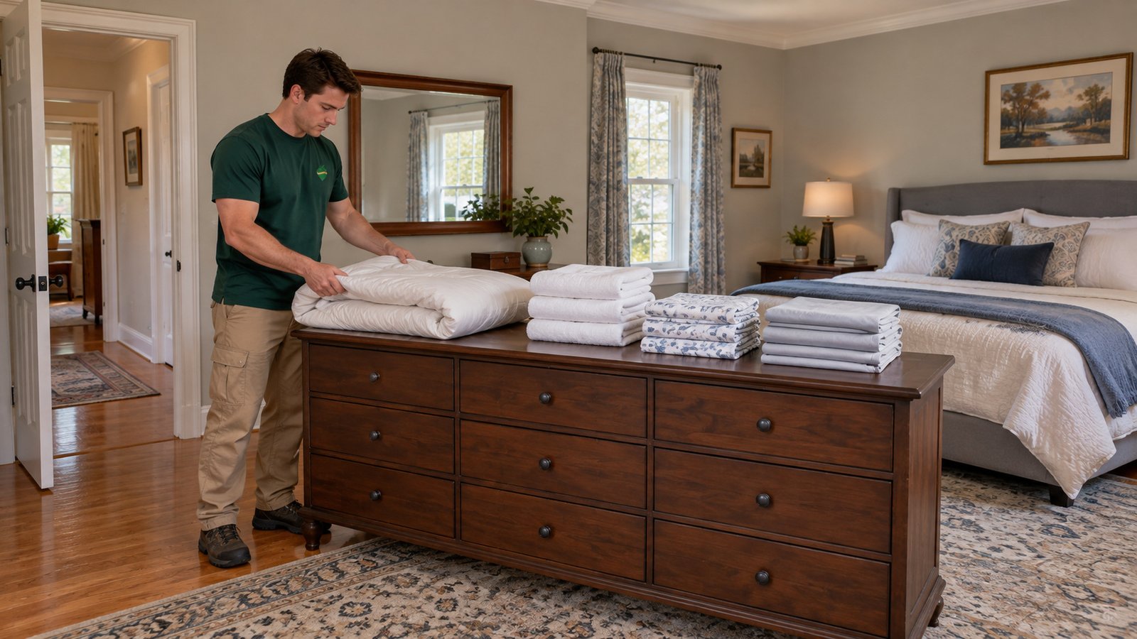 Prepare the retained linen without emptying the bedroom A whole uniformed worker folds a duvet on an existing dresser beside three linen stacks, with a separate made bed behind.