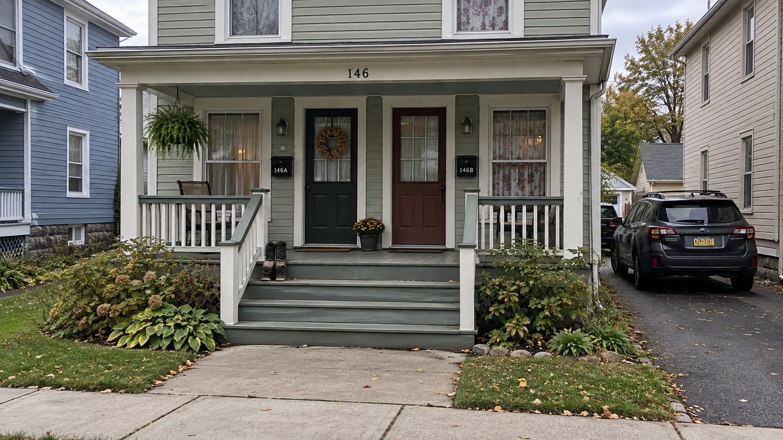 An older frame double with a shared porch and a narrow side driveway.