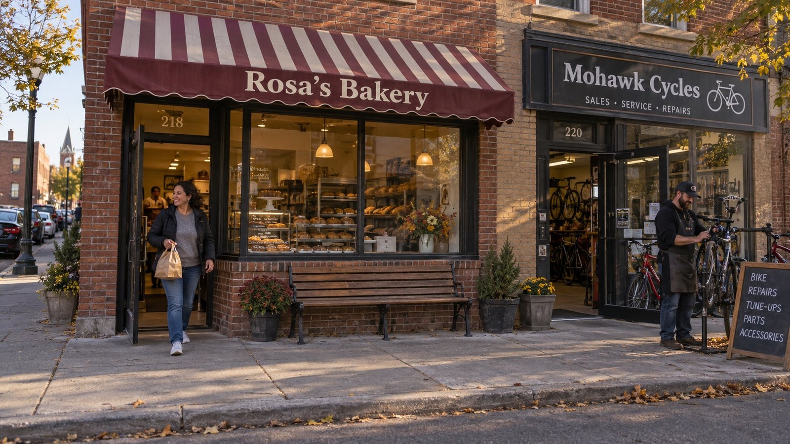 Brick bakery and bicycle shop with a bench placed along the window and clear entrances